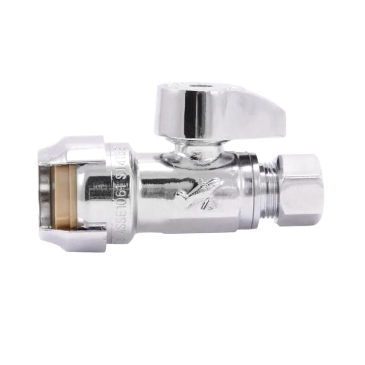The Go Build 1/2 in. Push-to-Connect x 3/8 in. OD Compression Straight Stop Valve, chrome plated with lever handle, uses Sharkbite technology for easy water flow control to fixtures like toilets or sinks. Isolated on a white background.